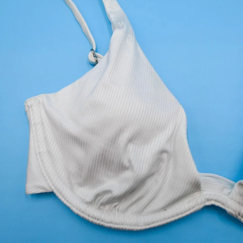 Victorias Secret Medium White Ribbed Underwired Plunge Padded Push-up Bikini Top
